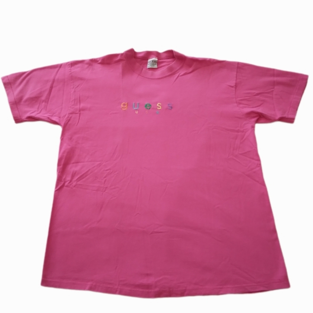 Fair VTG Guess USA Pink Medium/Large Embroidered T-Shirt Single Stitch Oversize
